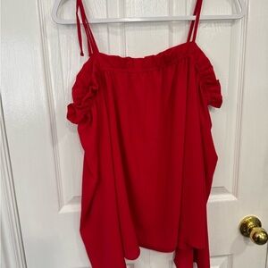 C Red Ruffle-Trim Long Sleeve Off-Shoulder Top